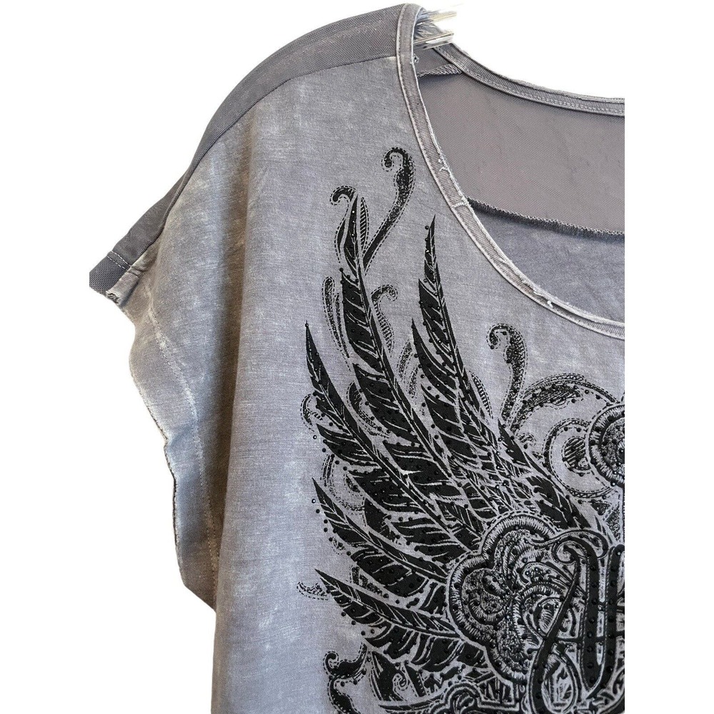 NWT Affliction Caldwell Creek T-Shirt Women‎ Size Small Gray Rhinestones Wings - Picture 5 of 7